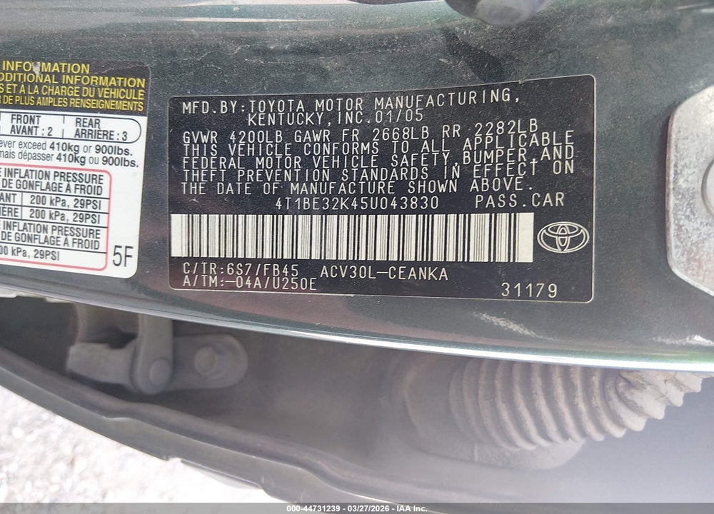 2005 TOYOTA CAMRY LE VIN: 4T1BE32K45U043830