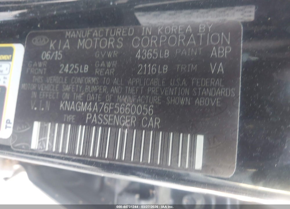 2015 KIA OPTIMA LX VIN: KNAGM4A76F5660056
