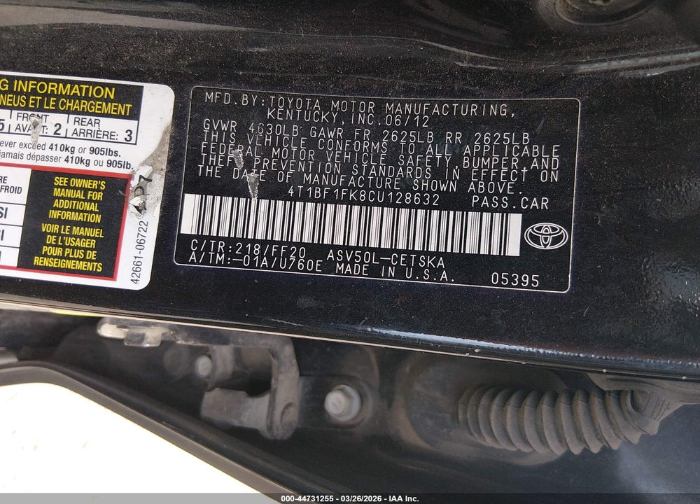 2012 TOYOTA CAMRY SE VIN: 4T1BF1FK8CU128632