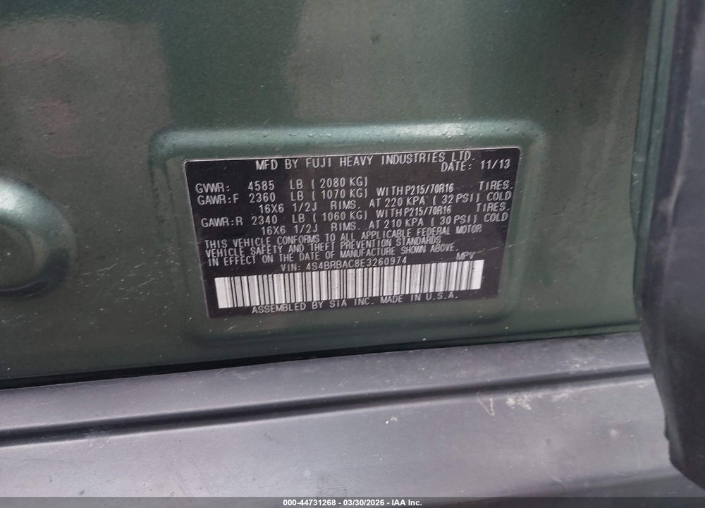 2014 SUBARU OUTBACK 2.5I VIN: 4S4BRBAC8E3260974