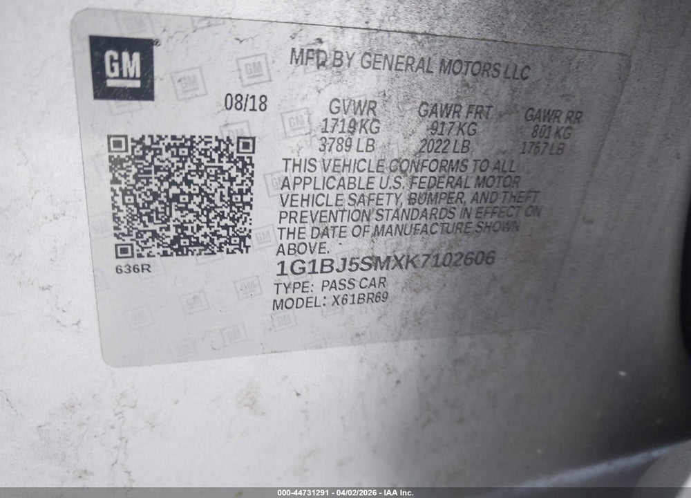 2019 CHEVROLET CRUZE DIESEL VIN: 1G1BJ5SMXK7102606