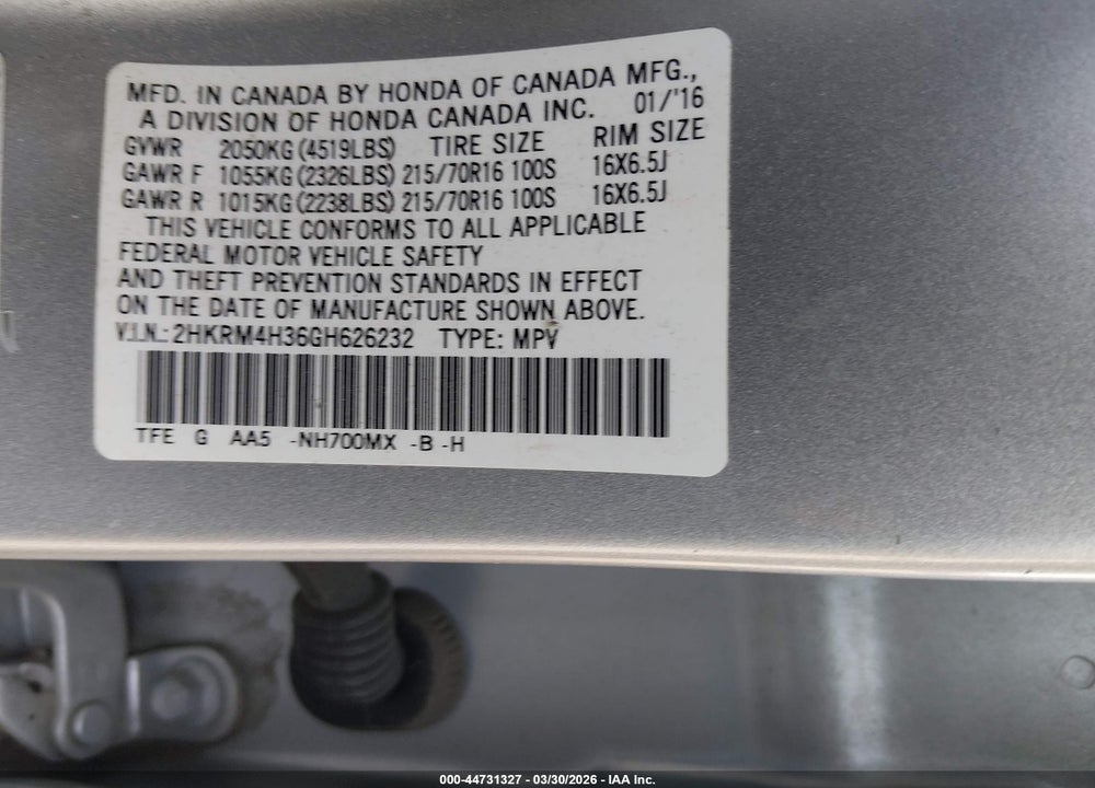 2016 HONDA CR-V LX VIN: 2HKRM4H36GH626232