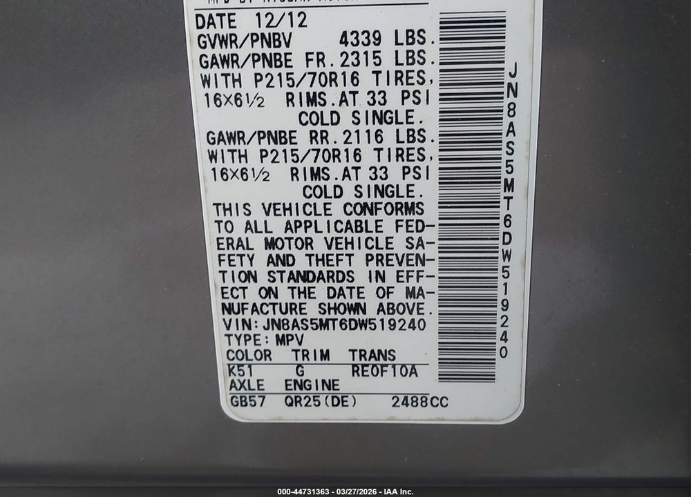 2013 NISSAN ROGUE S VIN: JN8AS5MT6DW519240