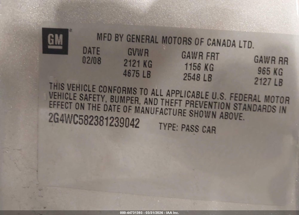 2008 BUICK LACROSSE CX VIN: 2G4WC582381239042