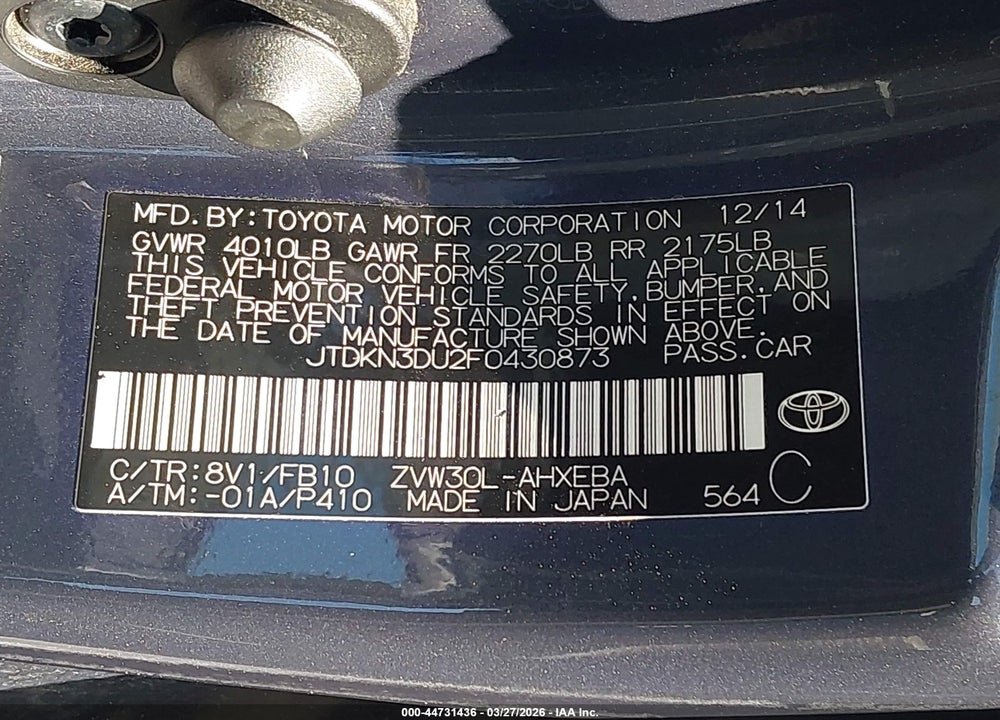 2015 TOYOTA PRIUS THREE VIN: JTDKN3DU2F0430873