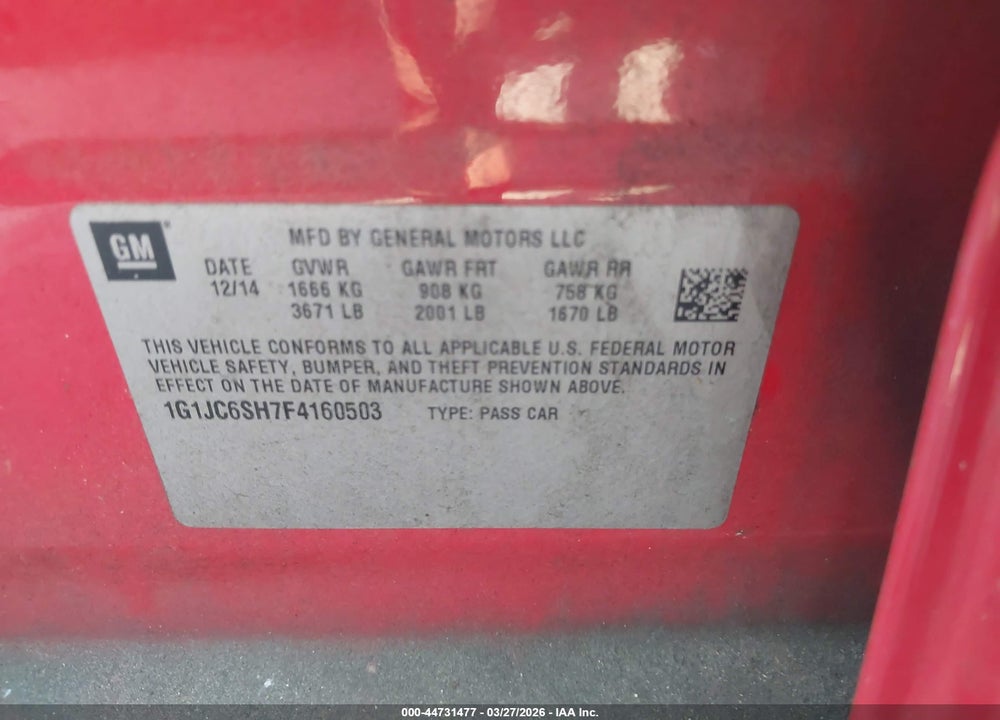2015 CHEVROLET SONIC LT AUTO VIN: 1G1JC6SH7F4160503