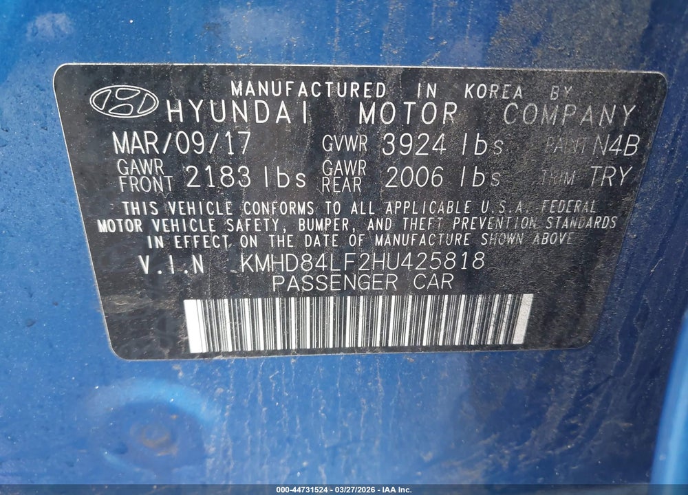 2017 HYUNDAI ELANTRA VALUE EDITION VIN: KMHD84LF2HU425818
