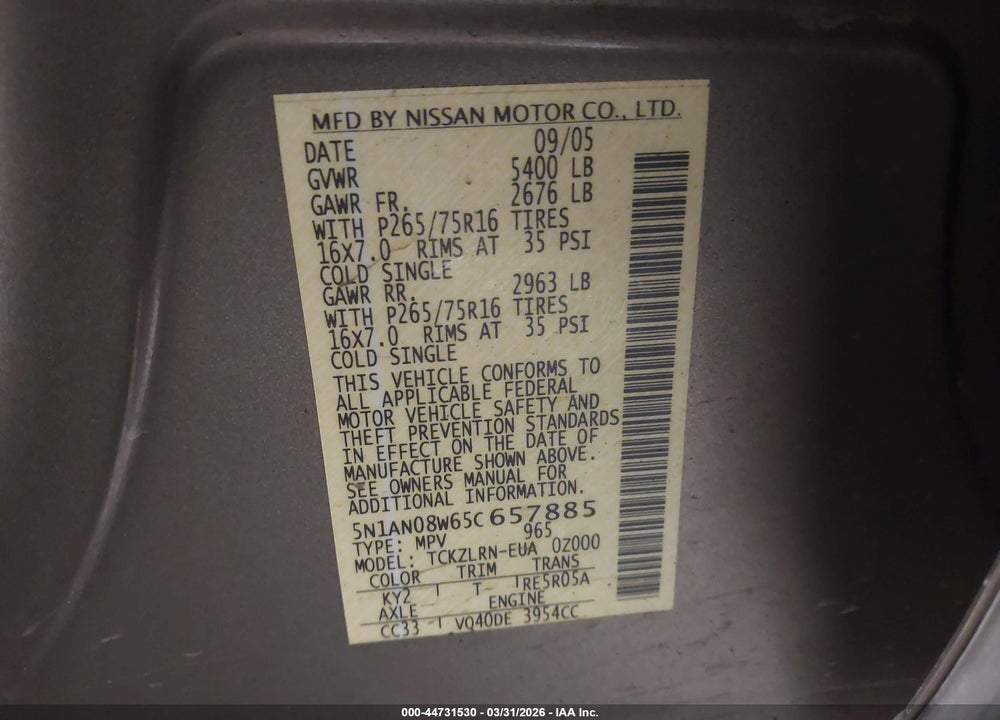 2005 NISSAN XTERRA OFF ROAD VIN: 5N1AN08W65C657885
