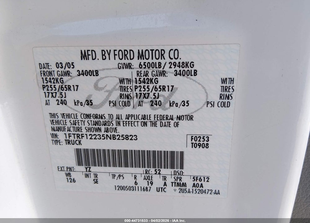 2005 FORD F-150 STX/XL/XLT VIN: 1FTRF12235NB25823