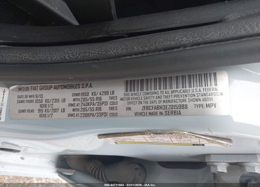 2014 FIAT 500L EASY VIN: ZFBCFABH3EZ015988