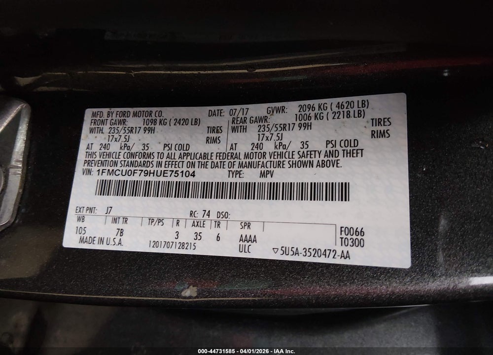 2017 FORD ESCAPE S VIN: 1FMCU0F79HUE75104