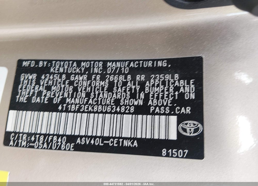 2011 TOYOTA CAMRY LE VIN: 4T1BF3EK8BU634828