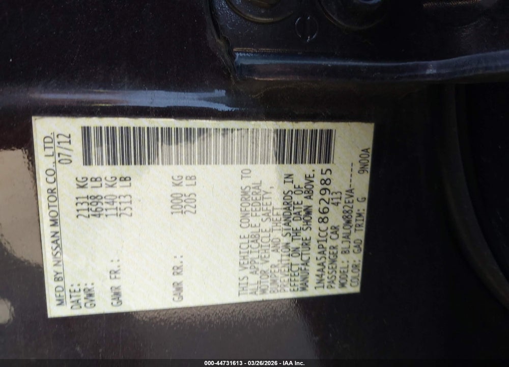 2012 NISSAN MAXIMA 3.5 S VIN: 1N4AA5AP1CC862985