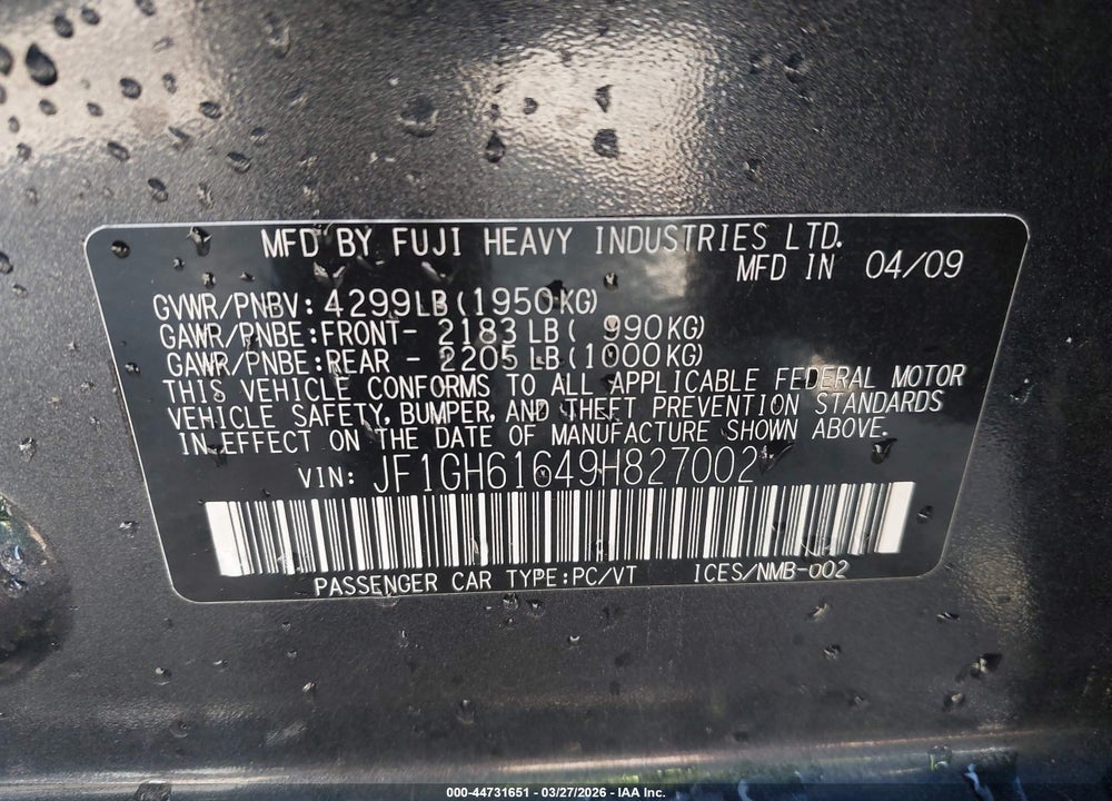 2009 SUBARU IMPREZA 2.5I VIN: JF1GH61649H827002