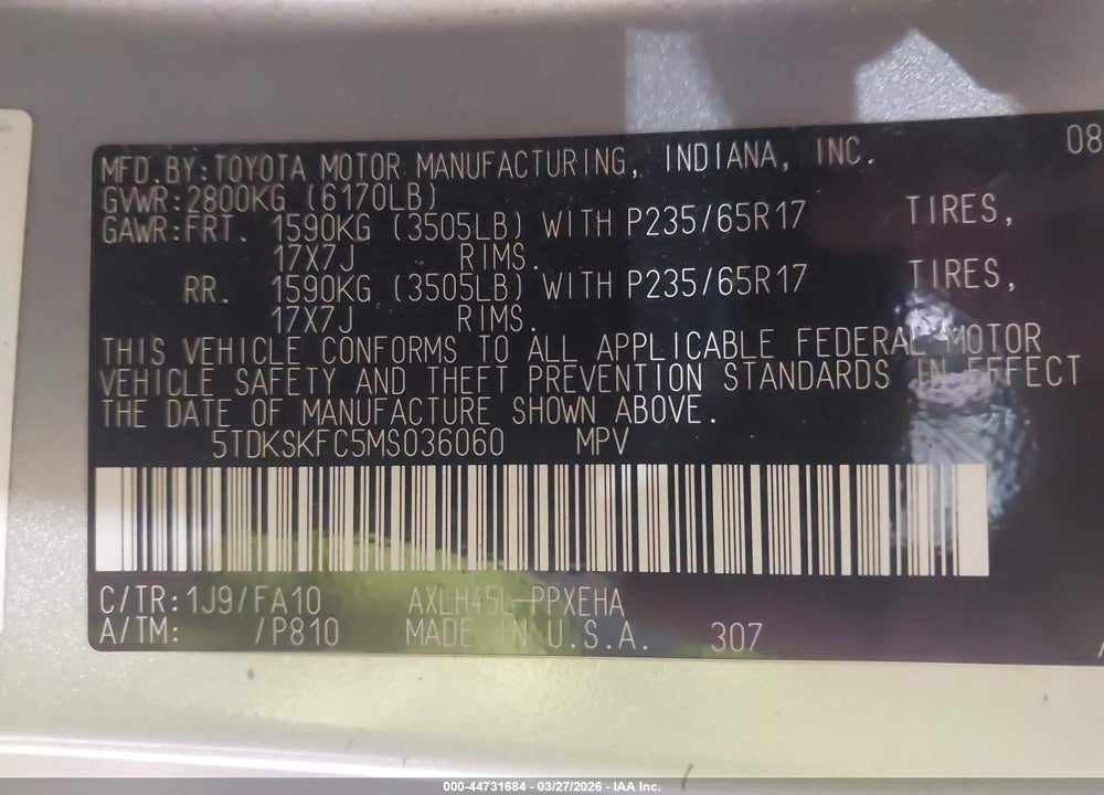 2021 TOYOTA SIENNA LE VIN: 5TDKSKFC5MS036060