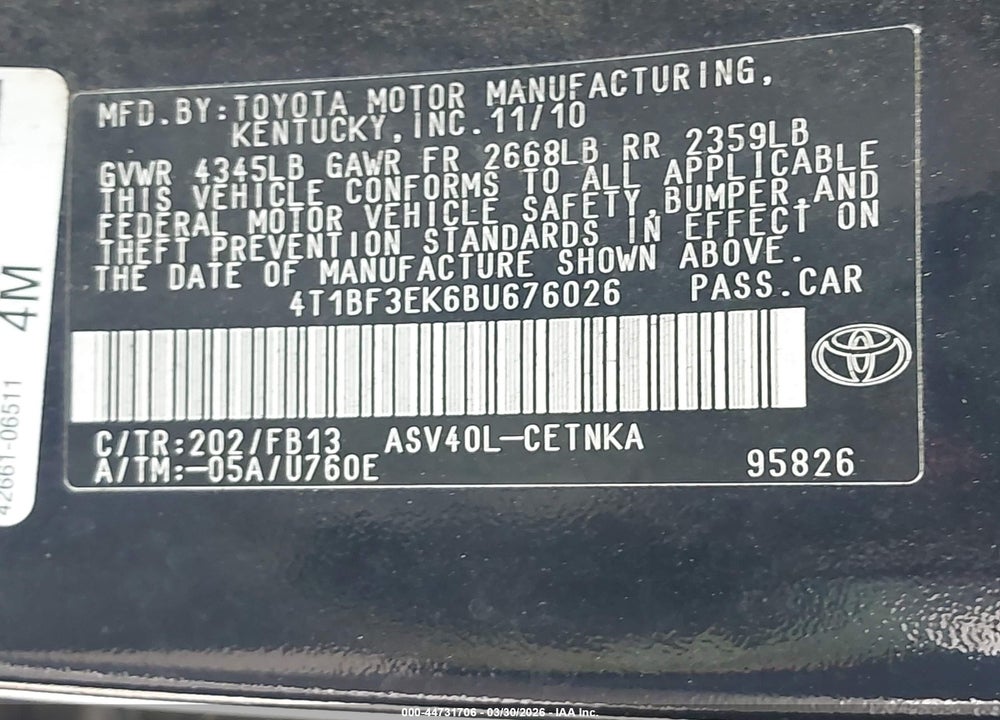 2011 TOYOTA CAMRY LE VIN: 4T1BF3EK6BU676026