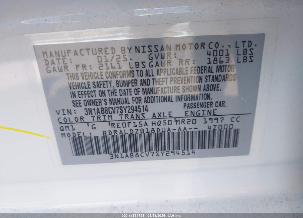 2025 NISSAN SENTRA SV VIN: 3N1AB8CV7SY294514