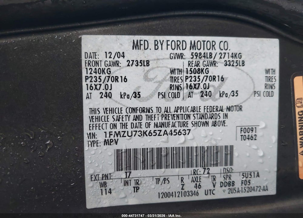 2005 FORD EXPLORER XLT/XLT SPORT VIN: 1FMZU73K65ZA45637