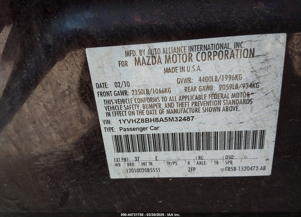 2010 MAZDA 6 I SPORT VIN: 1YVHZ8BH8A5M32487