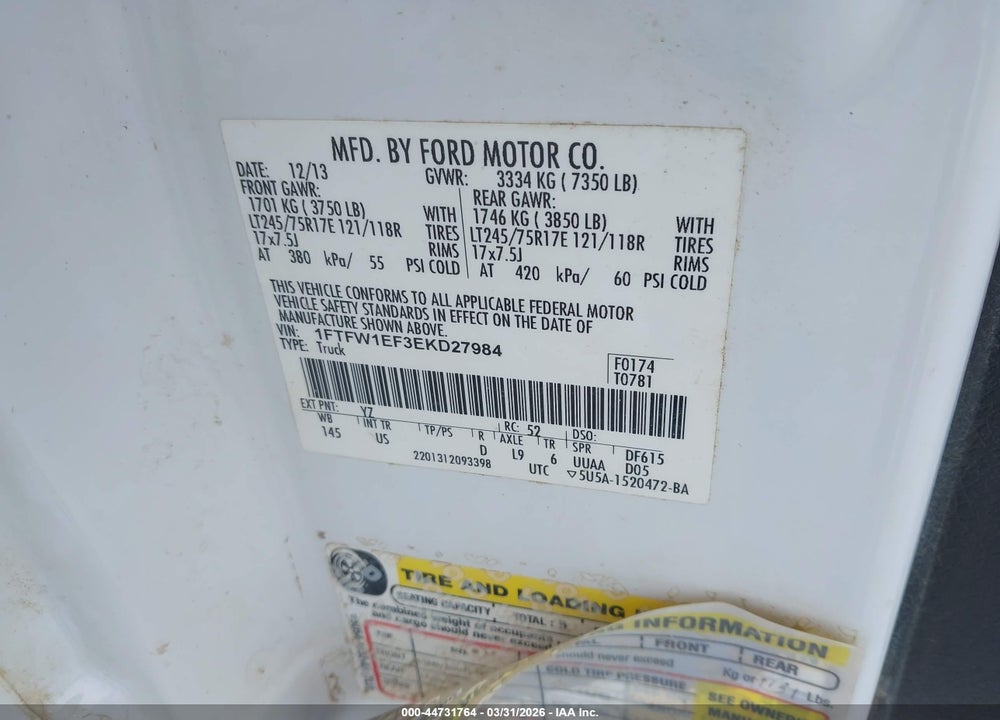 2014 FORD F-150 XLT VIN: 1FTFW1EF3EKD27984