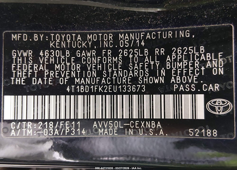 2014 TOYOTA CAMRY HYBRID LE VIN: 4T1BD1FK2EU133673