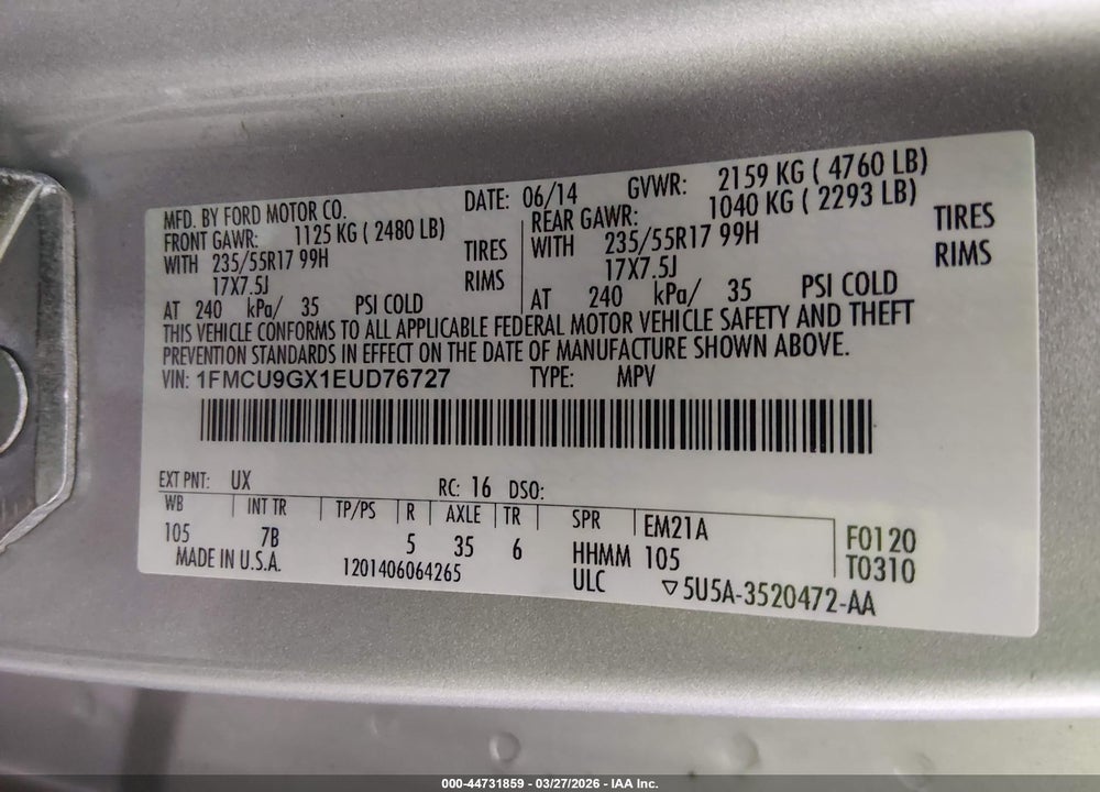 2014 FORD ESCAPE SE VIN: 1FMCU9GX1EUD76727