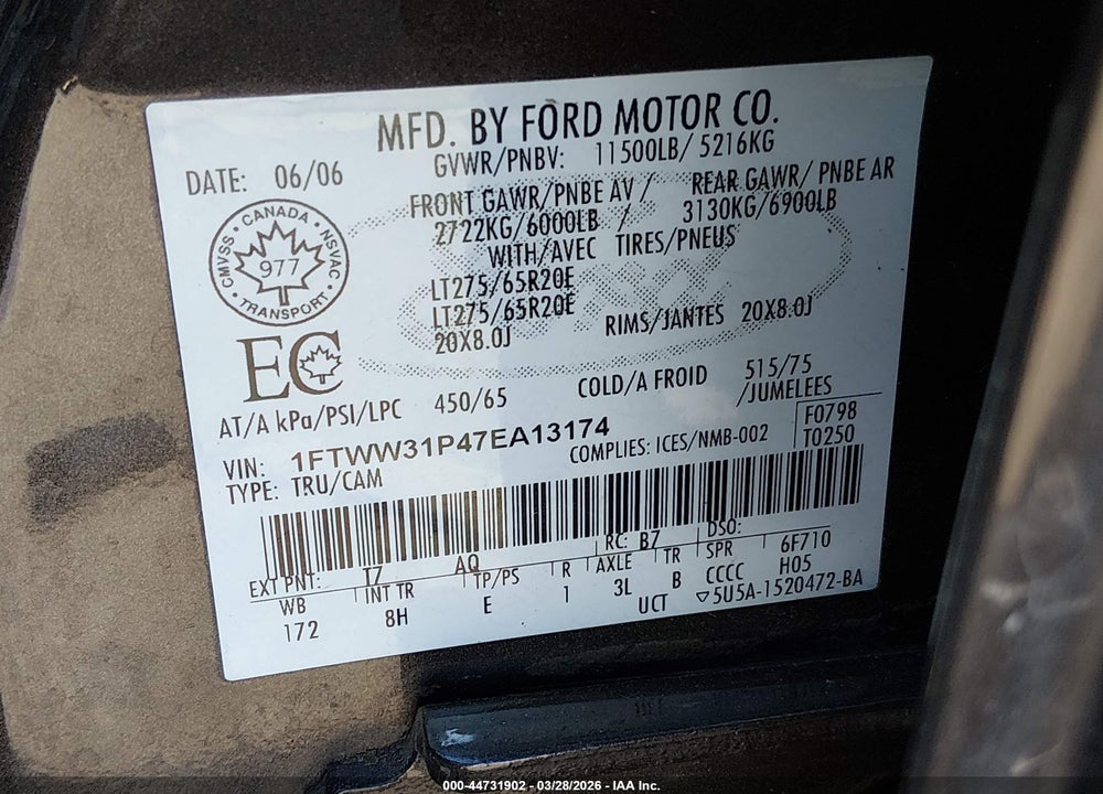 2007 FORD F-350 LARIAT/XL/XLT VIN: 1FTWW31P47EA13174