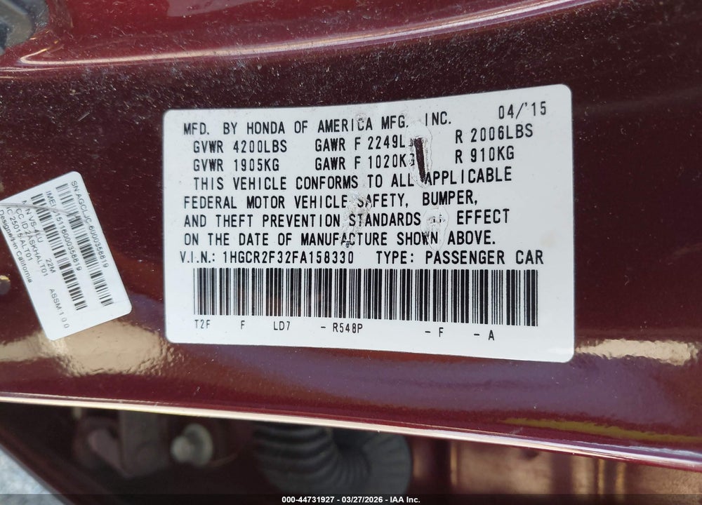 2015 HONDA ACCORD LX VIN: 1HGCR2F32FA158330