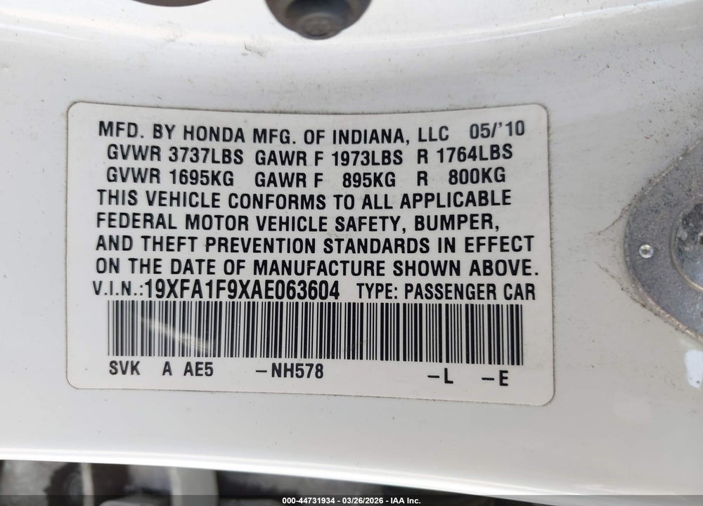 2010 HONDA CIVIC EX-L VIN: 19XFA1F9XAE063604