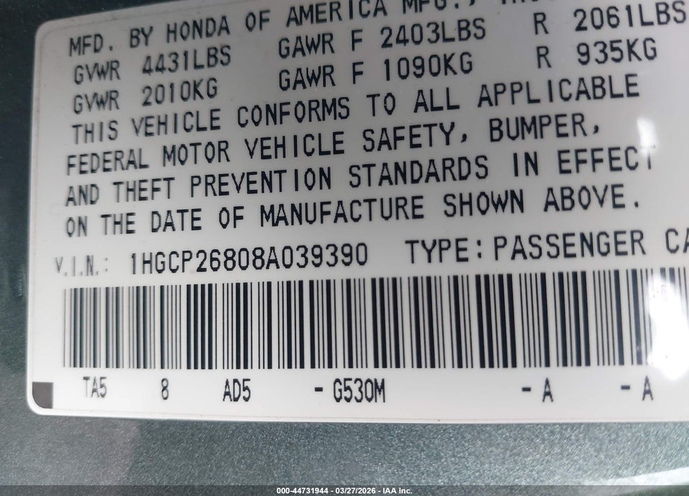 2008 HONDA ACCORD 2.4 EX-L VIN: 1HGCP26808A039390