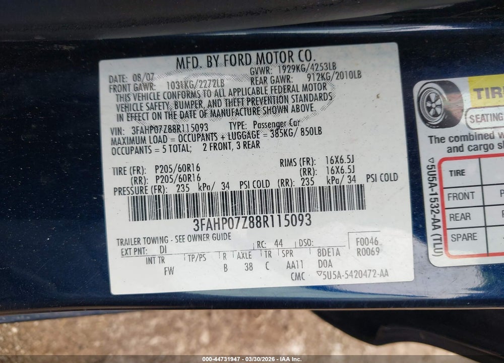 2008 FORD FUSION SE VIN: 3FAHP07Z88R115093