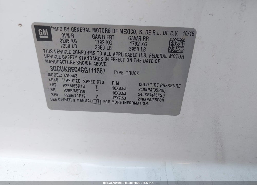 2016 CHEVROLET SILVERADO 1500 2LT VIN: 3GCUKREC4GG111367