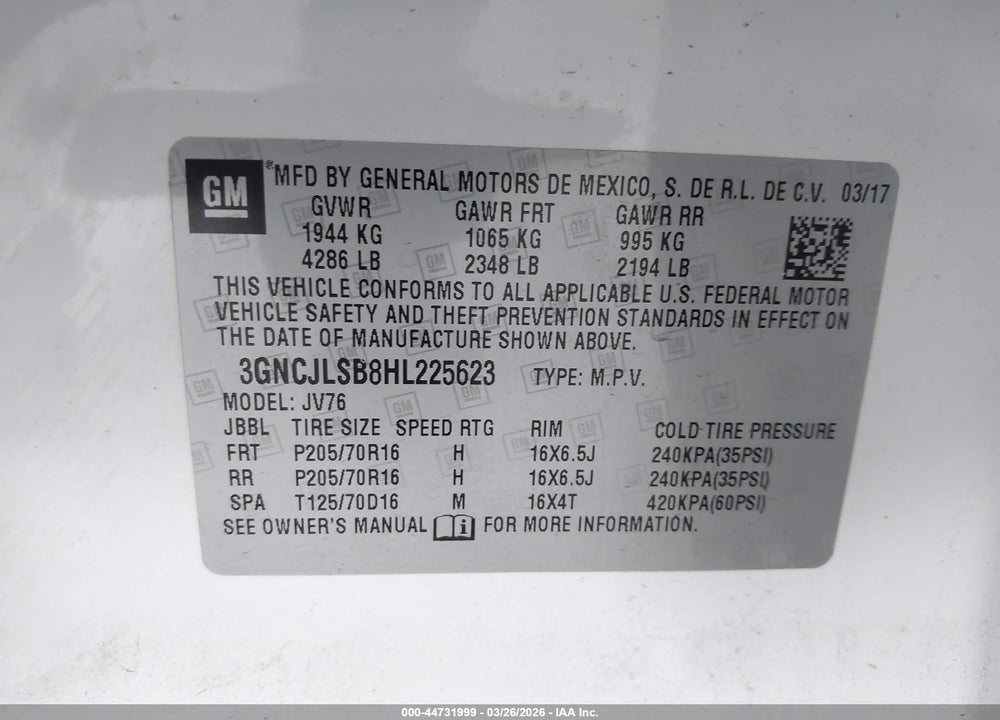 2017 CHEVROLET TRAX LT VIN: 3GNCJLSB8HL225623