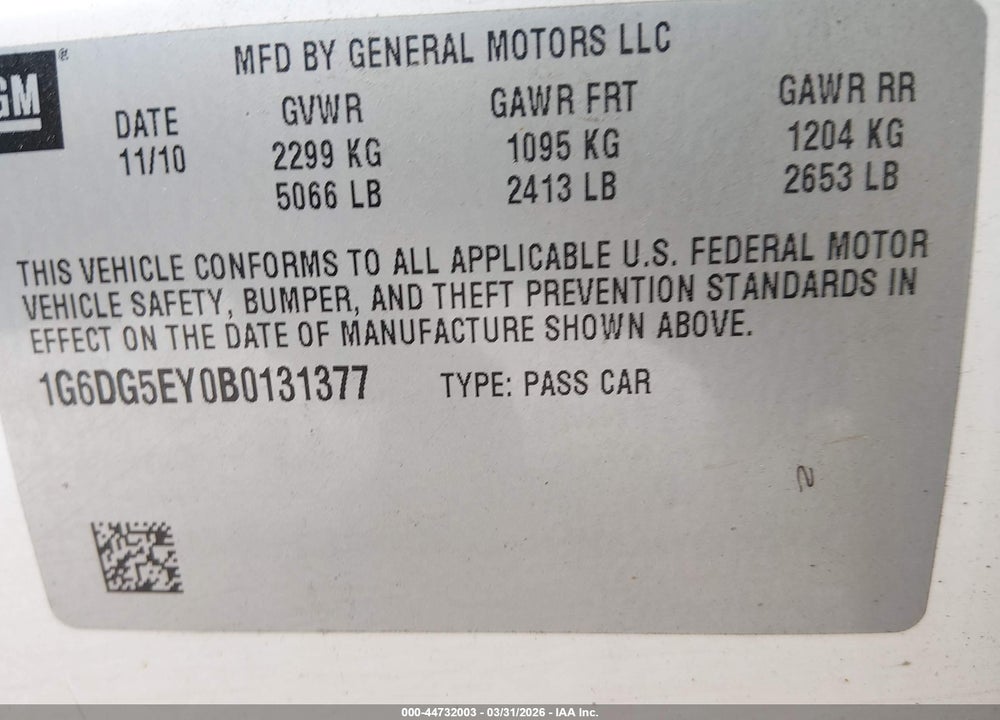 2011 CADILLAC CTS LUXURY VIN: 1G6DG5EY0B0131377