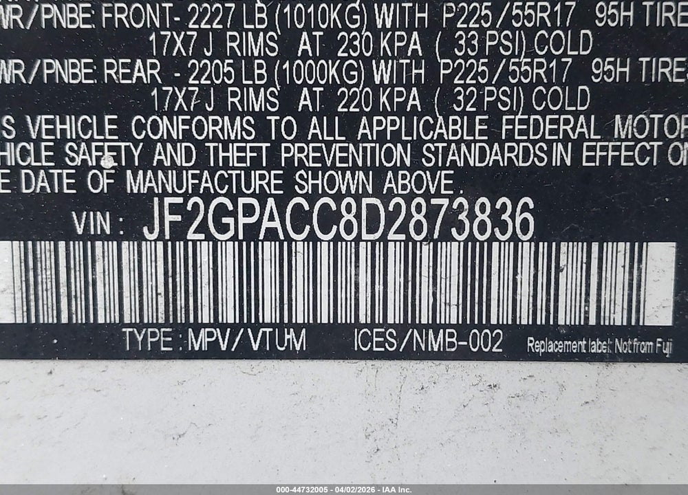 2013 SUBARU XV CROSSTREK 2.0I PREMIUM VIN: JF2GPACC8D2873836