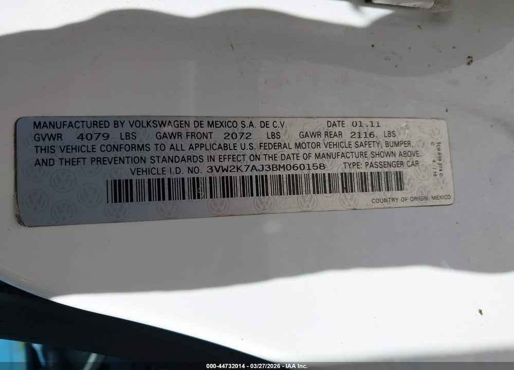 2011 VOLKSWAGEN JETTA 2.0L S VIN: 3VW2K7AJ3BM060158