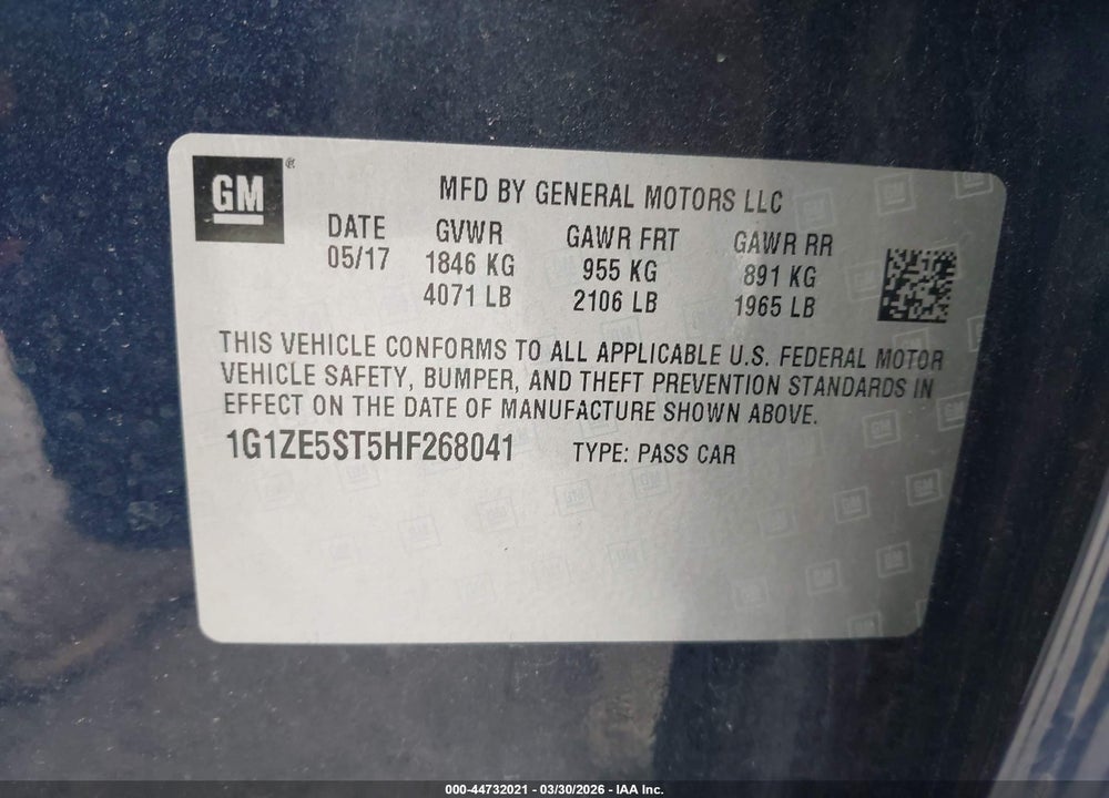 2017 CHEVROLET MALIBU 1LT VIN: 1G1ZE5ST5HF268041