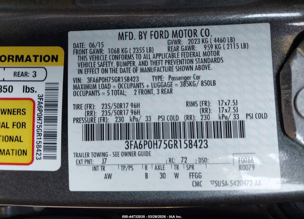 2016 FORD FUSION SE VIN: 3FA6P0H75GR158423