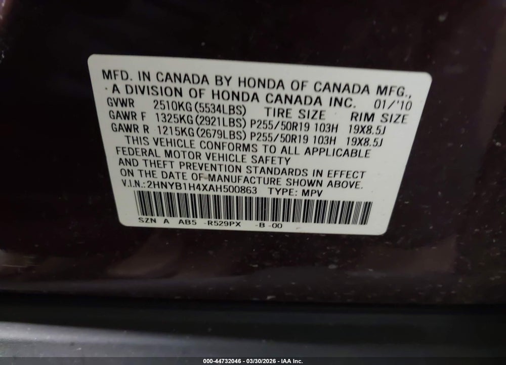 2010 ACURA ZDX VIN: 2HNYB1H4XAH500863