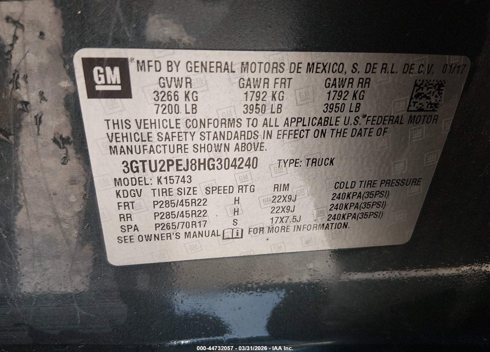 2017 GMC SIERRA 1500 DENALI VIN: 3GTU2PEJ8HG304240