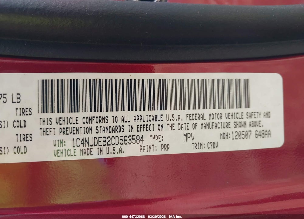 2012 JEEP COMPASS LATITUDE VIN: 1C4NJDEB2CD563584