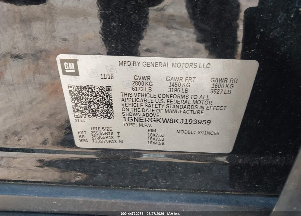 2019 CHEVROLET TRAVERSE 1LT VIN: 1GNERGKW8KJ193959