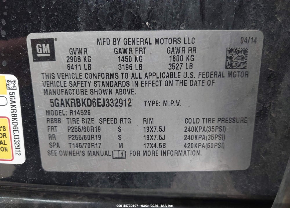 2014 BUICK ENCLAVE LEATHER VIN: 5GAKRBKD6EJ332912