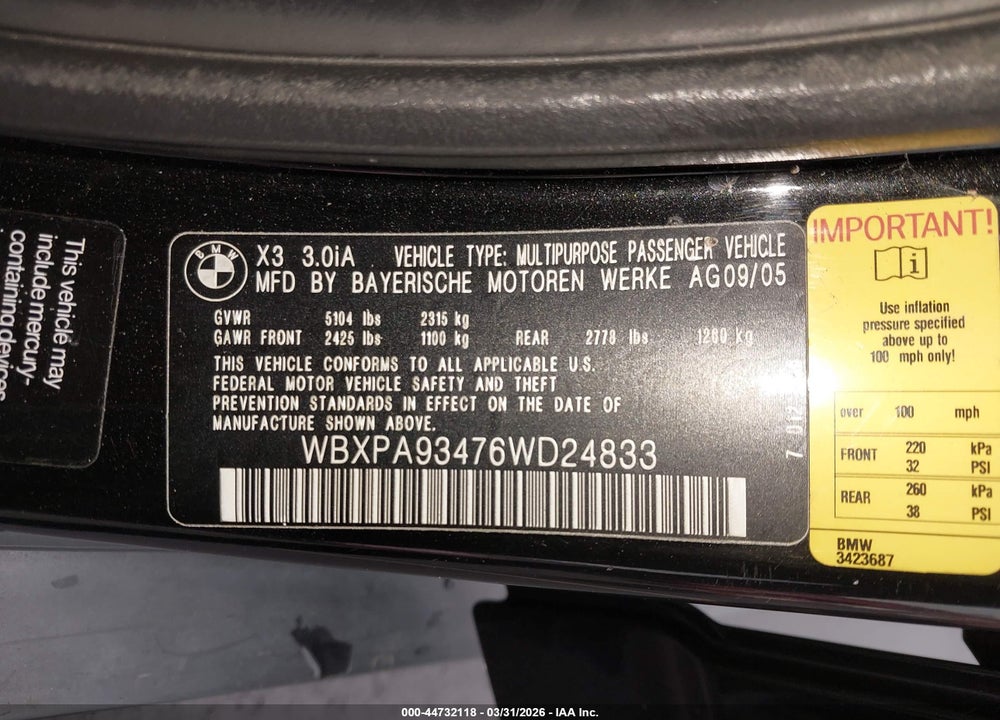 2006 BMW X3 3.0I VIN: WBXPA93476WD24833