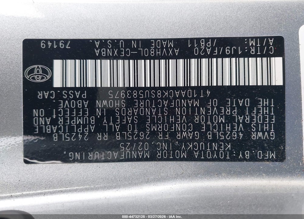 2025 TOYOTA CAMRY LE VIN: 4T1DAACK8SU583975