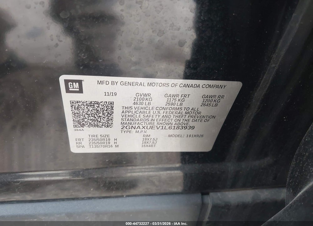 2020 CHEVROLET EQUINOX AWD LT 1.5L TURBO VIN: 2GNAXUEV1L6183939