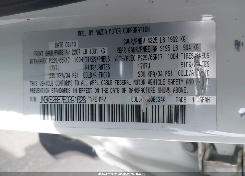 2014 MAZDA CX-5 SPORT VIN: JM3KE2BE7E0391628