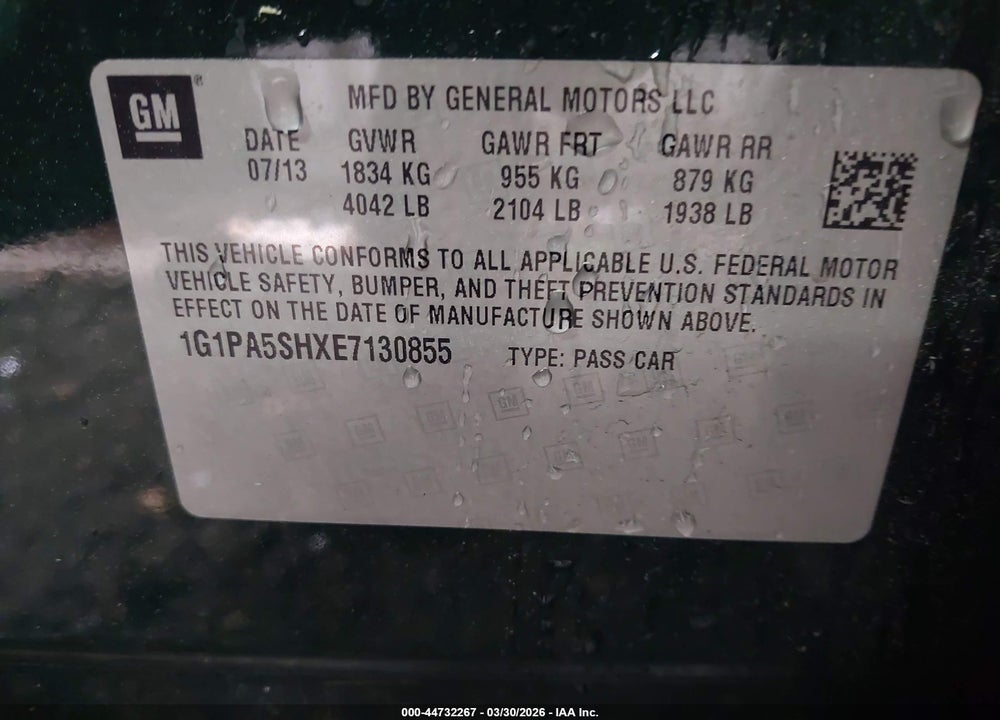 2014 CHEVROLET CRUZE LS AUTO VIN: 1G1PA5SHXE7130855