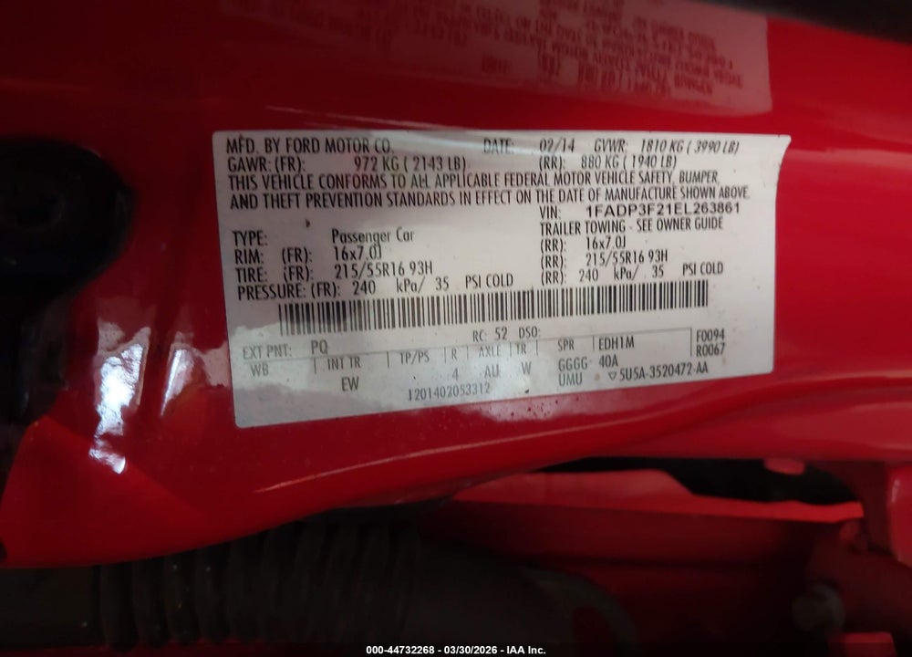 2014 FORD FOCUS SE VIN: 1FADP3F21EL263861