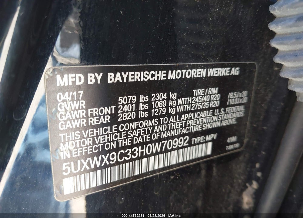2017 BMW X3 XDRIVE28I VIN: 5UXWX9C33H0W70992
